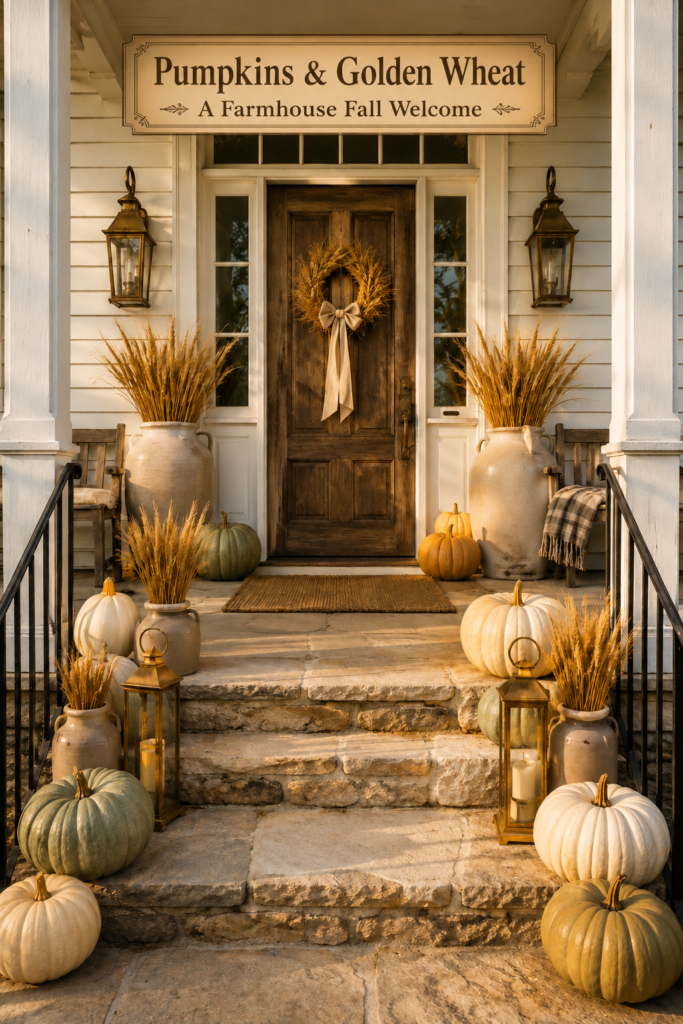 Autumn porch with sage and ivory pumpkins beneath a banner reading Pumpkins and Golden Wheat A Farmhouse Fall Welcome