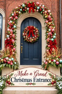 grand holiday doorway with ornament garland and Make a Grand Christmas Entrance headline