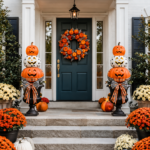 Symmetrical pumpkin topiary front porch with grand gingham Halloween welcome headline above the doorway
