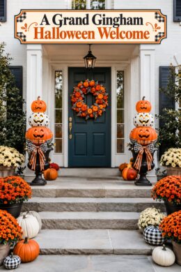 Symmetrical pumpkin topiary front porch with grand gingham Halloween welcome headline above the doorway