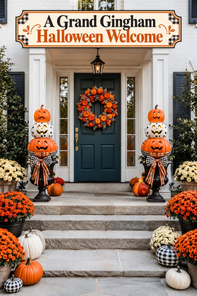 Symmetrical pumpkin topiary front porch with grand gingham Halloween welcome headline above the doorway