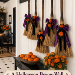 Hanging straw brooms decorated with purple ribbon and orange blooms above a console with a Halloween broom wall headline