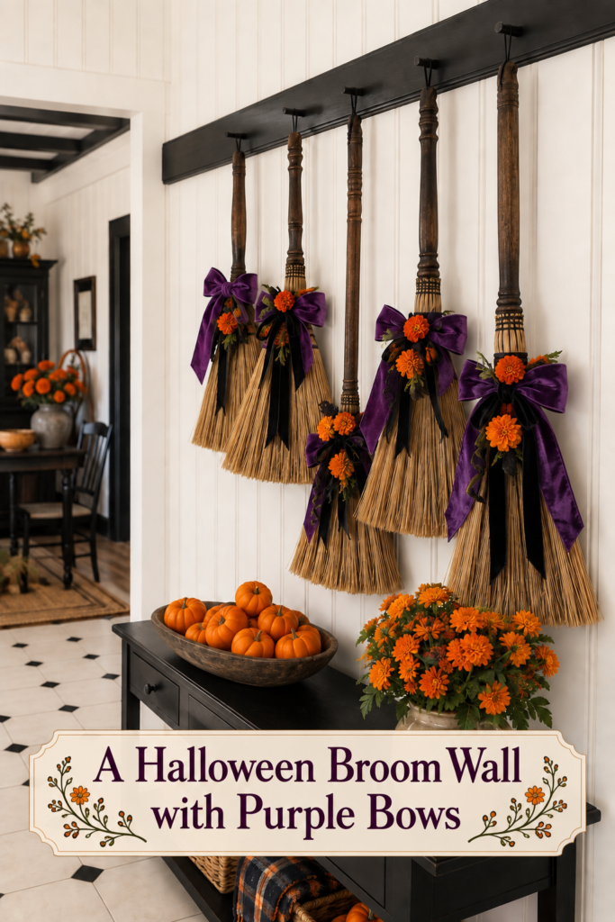 Hanging straw brooms decorated with purple ribbon and orange blooms above a console with a Halloween broom wall headline