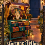 Fortune Teller Treat Cart with palmistry hand black cats celestial cards and metallic pumpkins