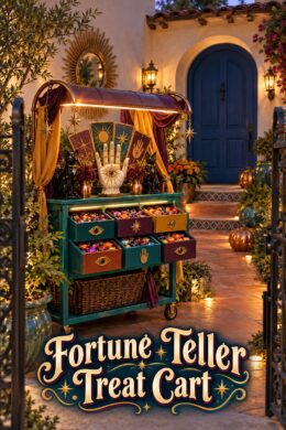 Fortune Teller Treat Cart with palmistry hand black cats celestial cards and metallic pumpkins