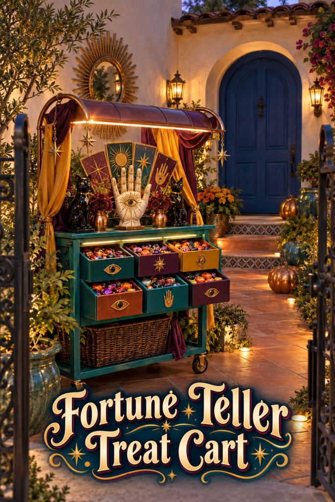 Fortune Teller Treat Cart with palmistry hand black cats celestial cards and metallic pumpkins