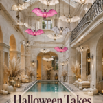 Halloween pool gallery with pink and ivory hanging bats beneath a glass roof and an overlay reading Halloween Takes a Pink Turn