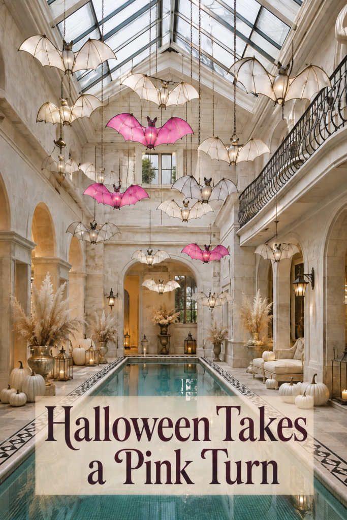 Halloween pool gallery with pink and ivory hanging bats beneath a glass roof and an overlay reading Halloween Takes a Pink Turn
