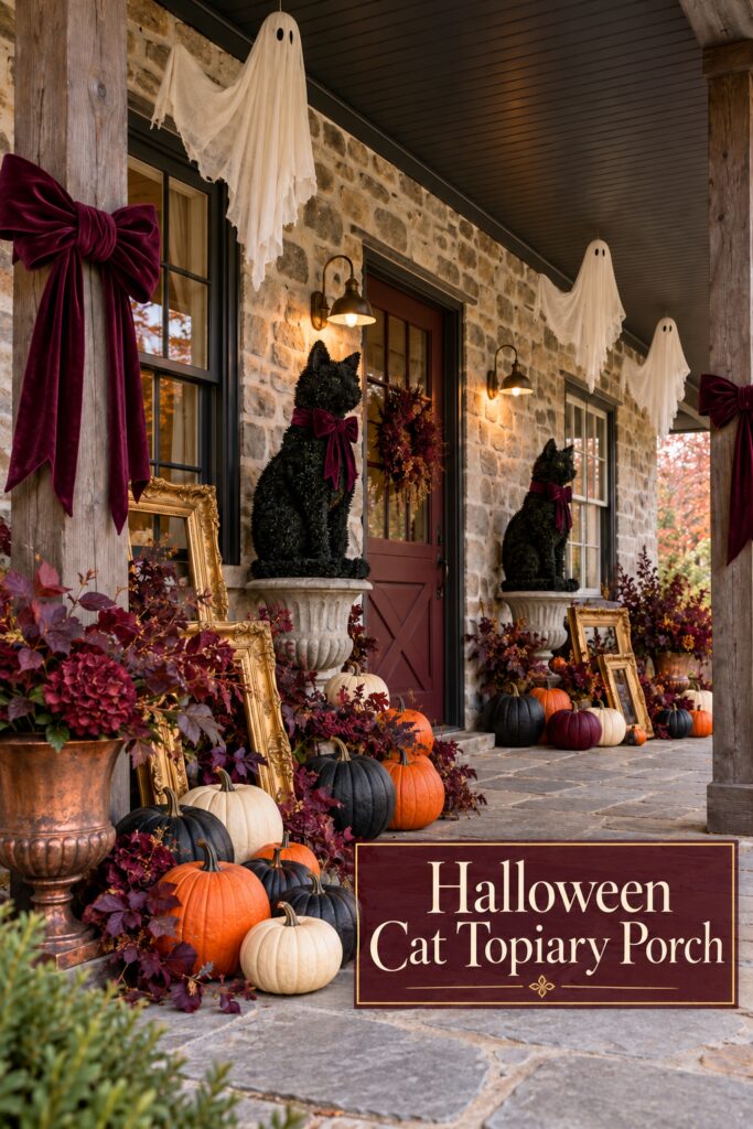 Halloween cat topiary porch with floating ghosts and title text over the stone walkway