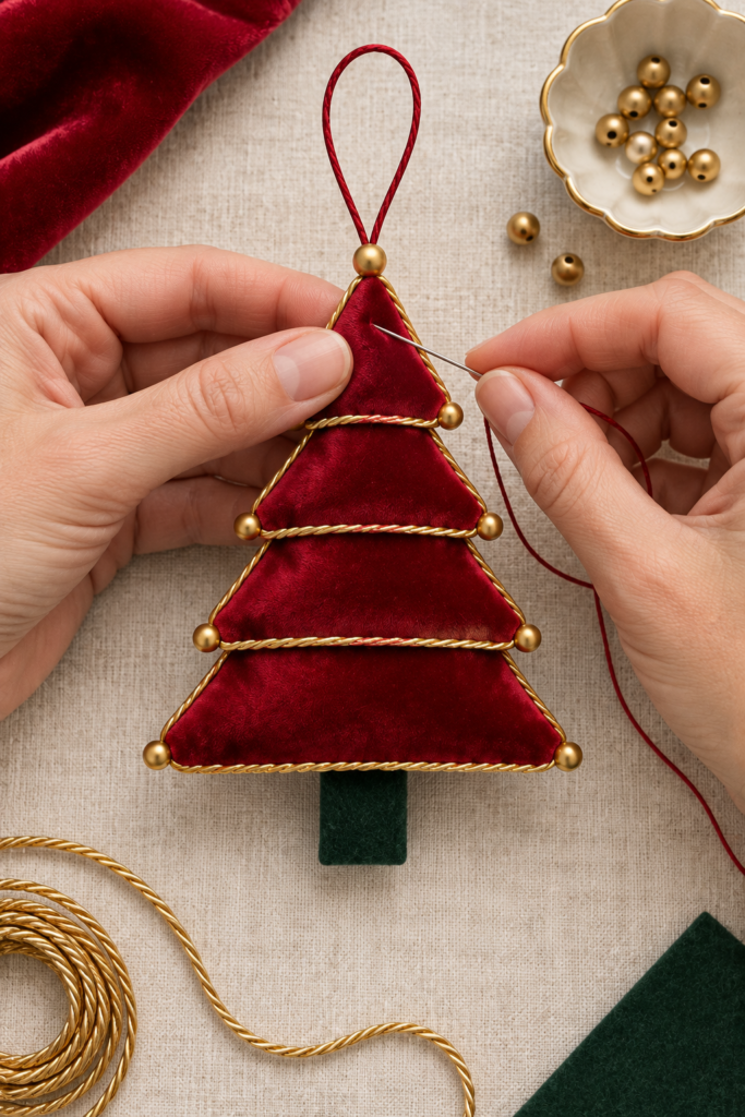 pair of hands sewing fabric triangles to the trunk spine by hand