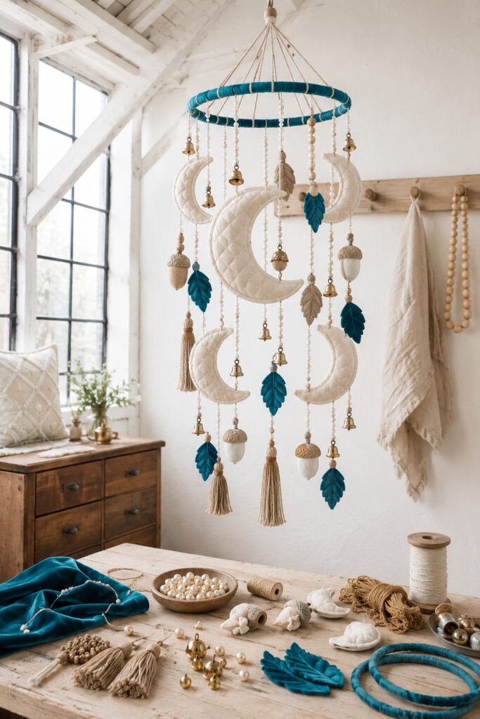 Handmade hanging mobile with quilted ivory crescent moons oatmeal velvet acorns pearl strands 