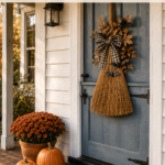 Farmhouse fall entrance with a decorated broom and pumpkin grouping beneath text reading Harvest Broom Charm A Welcoming Fall Door
