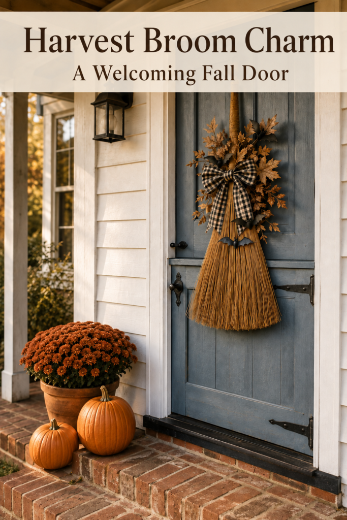 Farmhouse fall entrance with a decorated broom and pumpkin grouping beneath text reading Harvest Broom Charm A Welcoming Fall Door