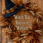 Harvest wreath with a bent witch hat and copper velvet bow surrounding cream lettering that reads Witch Hat Harvest Wreath