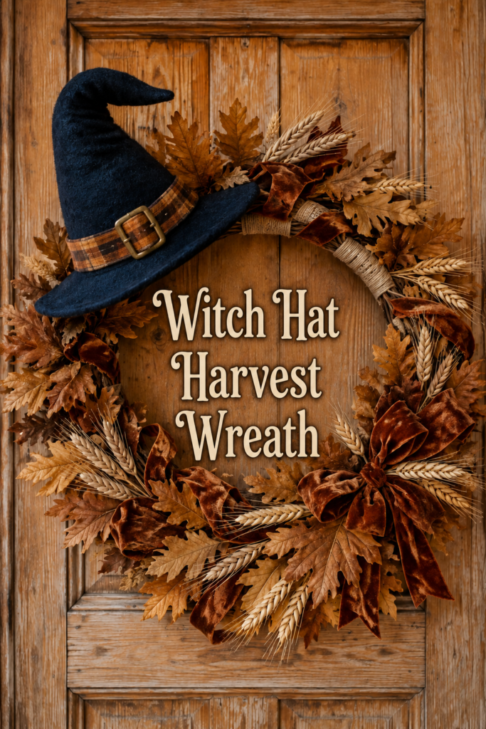 Harvest wreath with a bent witch hat and copper velvet bow surrounding cream lettering that reads Witch Hat Harvest Wreath