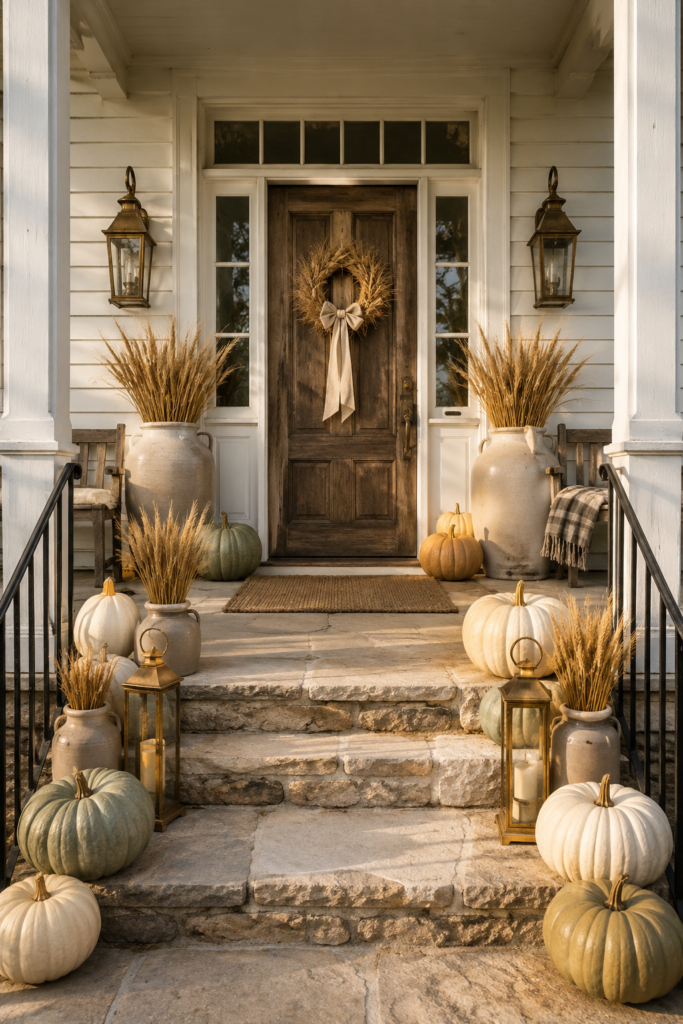 Farmhouse fall porch with a wheat wreath cream urns pale pumpkins and brass lanterns arranged beside stone steps leading to a wooden door