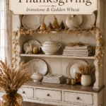 Harvest hutch with cream serveware and wheat beneath a text banner reading An Heirloom Thanksgiving Ironstone and Golden Wheat