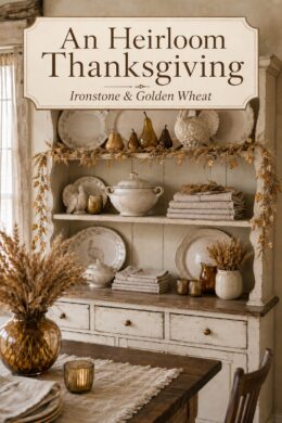 Harvest hutch with cream serveware and wheat beneath a text banner reading An Heirloom Thanksgiving Ironstone and Golden Wheat