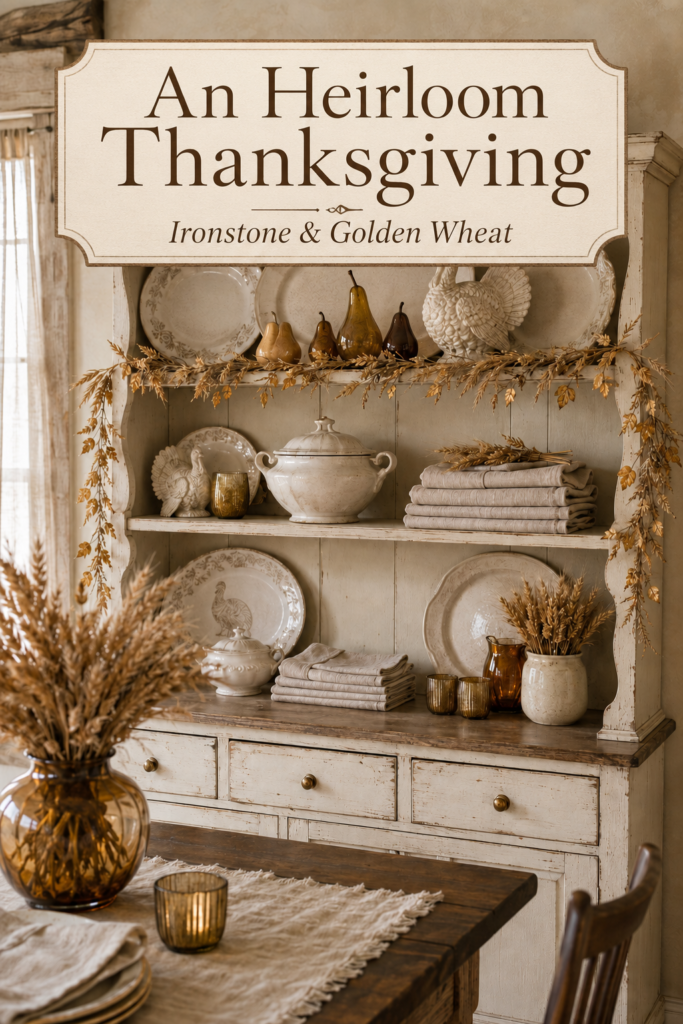 Harvest hutch with cream serveware and wheat beneath a text banner reading An Heirloom Thanksgiving Ironstone and Golden Wheat