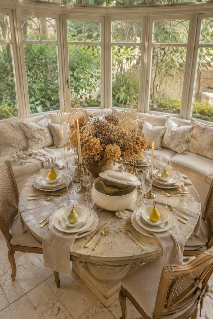 Thanksgiving conservatory table with a brass pheasant inside an ivory tureen pears in scalloped bowls and a tall golden floral arrangement