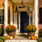 Colonial Halloween entry with hanging witch hats and harvest flowers beneath text reading A Little Hocus Pocus for the Front Porch
