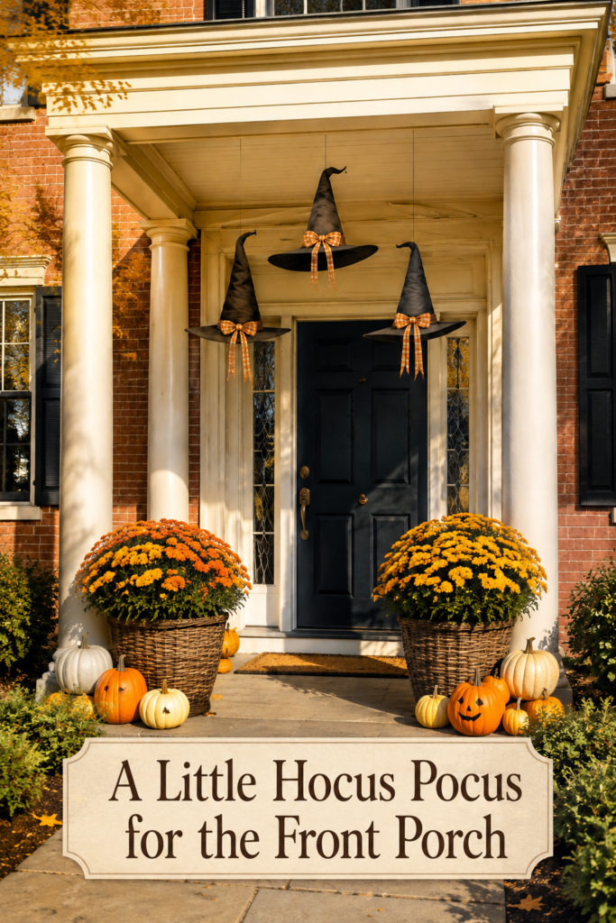 Colonial Halloween entry with hanging witch hats and harvest flowers beneath text reading A Little Hocus Pocus for the Front Porch