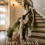 Christmas entry with evergreen stair garland and lettering reading Ivory Bows and Golden Bells A Timeless Christmas Staircase