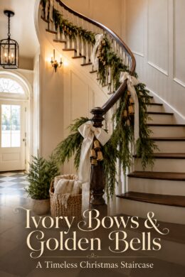 Christmas entry with evergreen stair garland and lettering reading Ivory Bows and Golden Bells A Timeless Christmas Staircase
