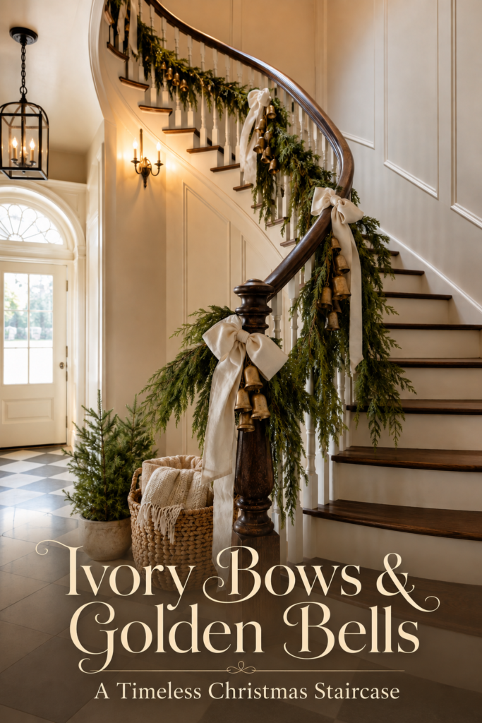 Christmas entry with evergreen stair garland and lettering reading Ivory Bows and Golden Bells A Timeless Christmas Staircase
