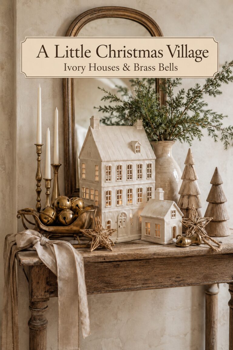 Neutral holiday village with evergreen branches and a linen bow beneath a banner reading A Little Christmas Village Ivory Houses and Brass Bells