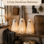 Vintage farmhouse Halloween mudroom with illuminated fabric ghosts and an ivory banner reading Ivory Ghost Lanterns A Cozy Farmhouse Halloween
