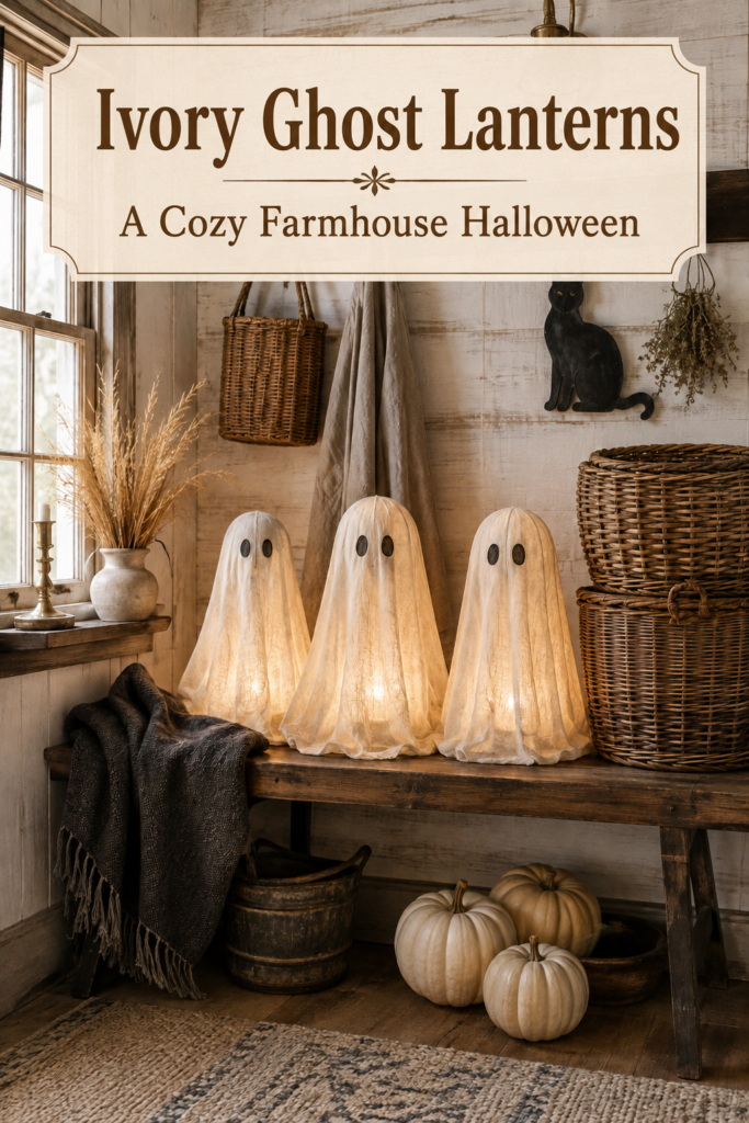 Vintage farmhouse Halloween mudroom with illuminated fabric ghosts and an ivory banner reading Ivory Ghost Lanterns A Cozy Farmhouse Halloween