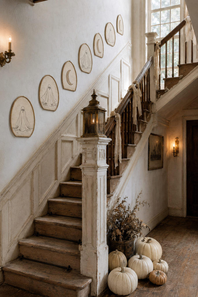 Weathered farmhouse staircase decorated with framed ivory ghosts and crescent moons linen bows a bronze lantern and cream pumpkins
