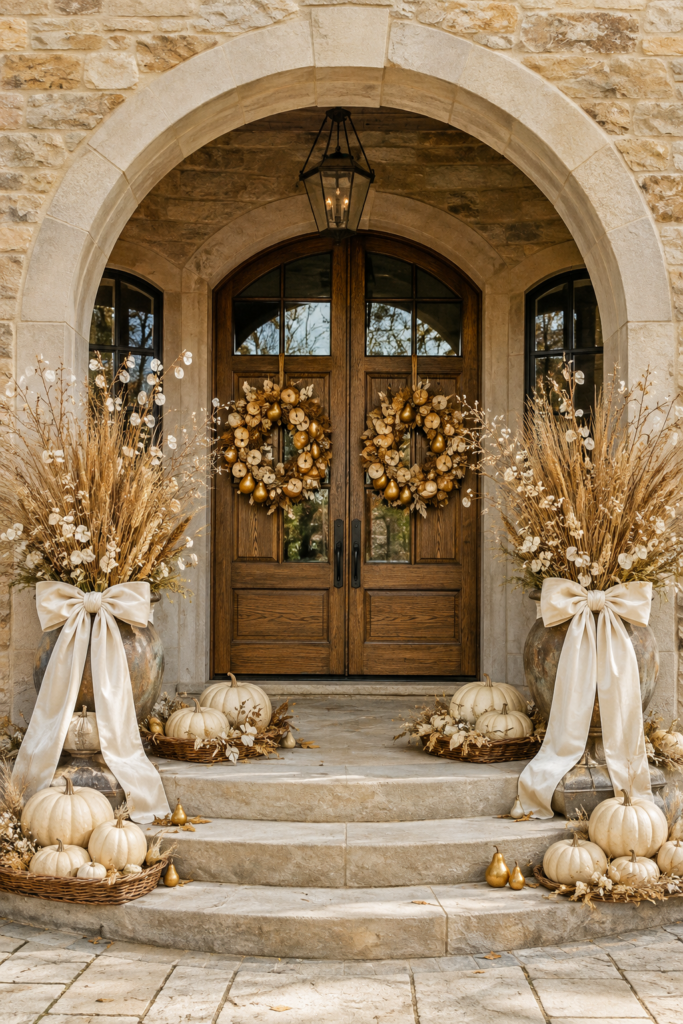 Arched stone entry with wooden double doors brass pear wreaths tall harvest urns ivory bows and cream pumpkins in woven baskets