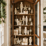 Christmas nutcracker collection displayed across wooden cabinet shelves beneath text reading Ivory Nutcrackers Collected Christmas Charm