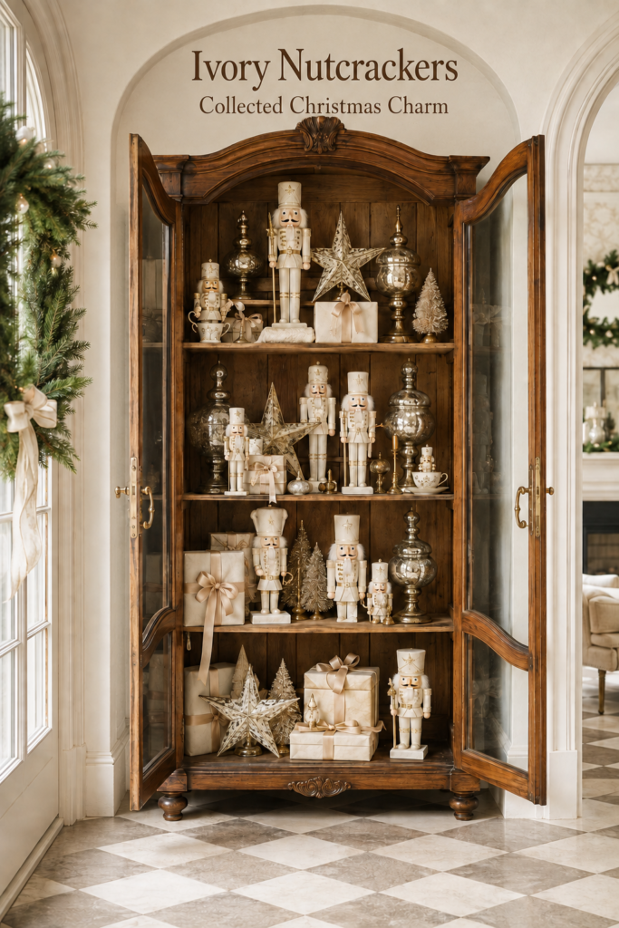 Christmas nutcracker collection displayed across wooden cabinet shelves beneath text reading Ivory Nutcrackers Collected Christmas Charm