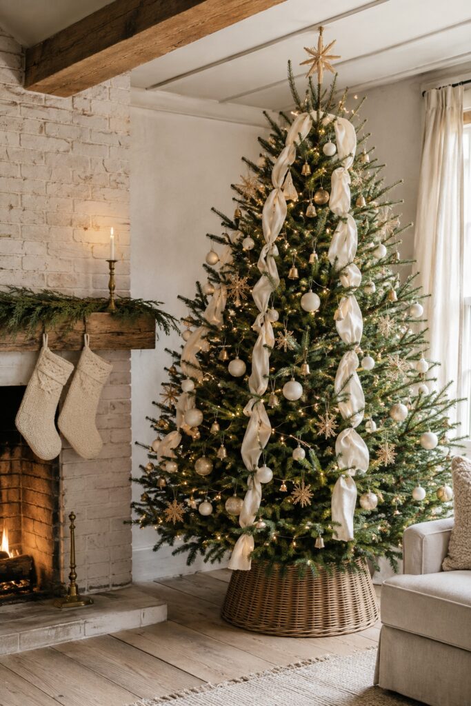 Farmhouse Christmas tree with gathered ivory ribbon gold bells cream baubles straw stars and a wicker collar beside a white brick fireplace