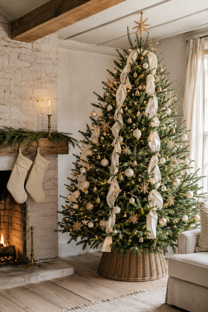 Farmhouse Christmas tree with gathered ivory ribbon gold bells cream baubles straw stars and a wicker collar beside a white brick fireplace