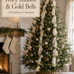 Ribbon draped Christmas tree beside cream knit stockings with a banner reading Ivory Ribbon and Gold Bells A Farmhouse Christmas