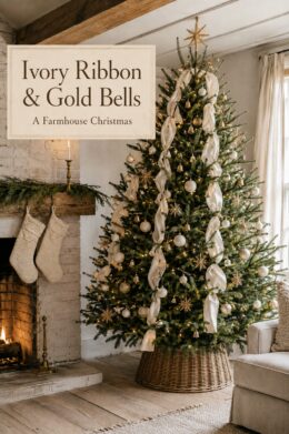 Ribbon draped Christmas tree beside cream knit stockings with a banner reading Ivory Ribbon and Gold Bells A Farmhouse Christmas