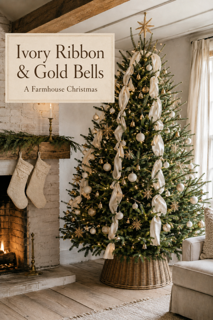 Ribbon draped Christmas tree beside cream knit stockings with a banner reading Ivory Ribbon and Gold Bells A Farmhouse Christmas