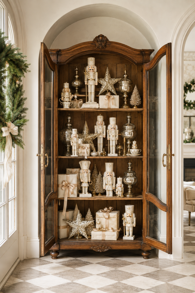Ivory and gold nutcrackers fill an antique wooden armoire with metallic stars reflective jars miniature trees and cream ribboned gift boxes