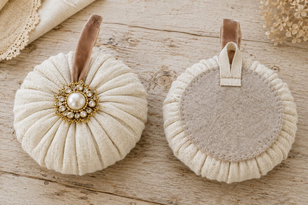 Ivory linen pumpkin rosettes, front and back