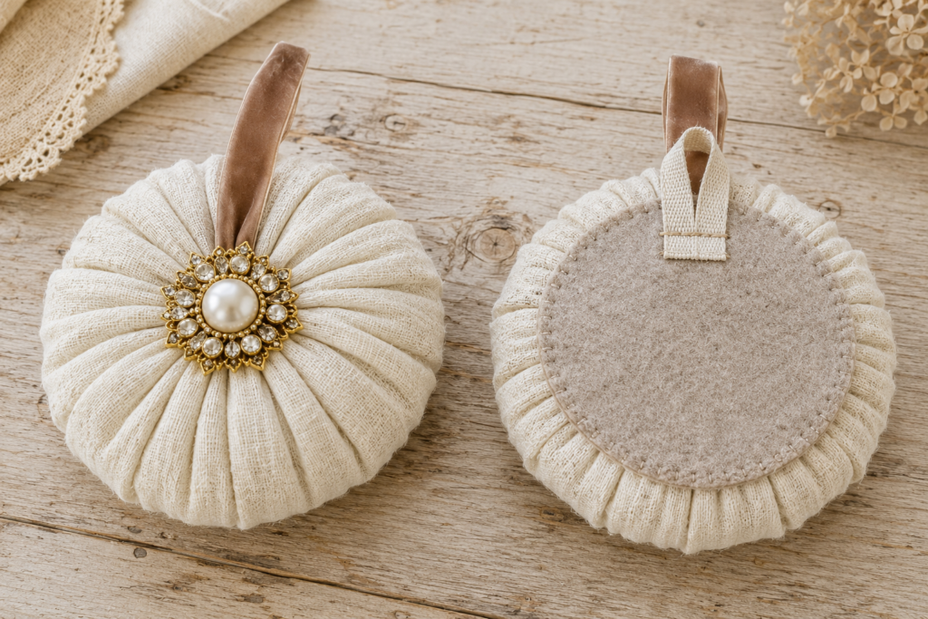 Ivory linen pumpkin rosettes, front and back