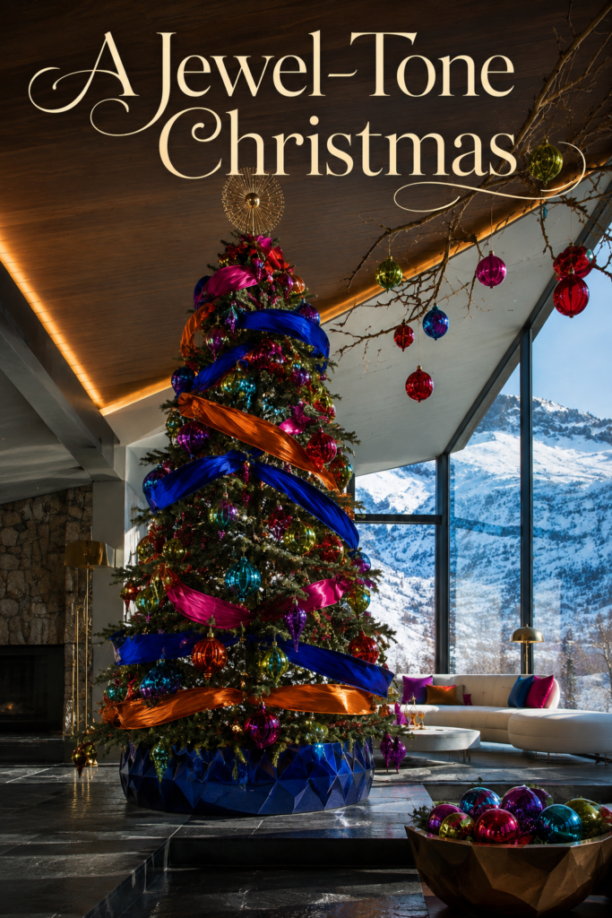 Modern Christmas lounge with a ribbon wrapped tree gold starburst topper and bowl of ornaments beneath text reading A Jewel Tone Christmas