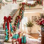 decorated holiday staircase with jewel toned garland and Dress the Stairs for Christmas headline