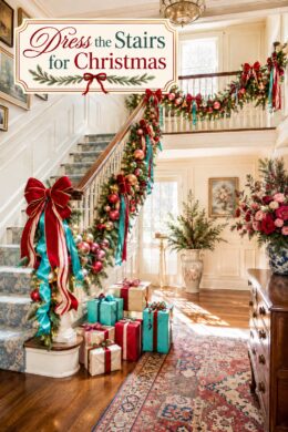 decorated holiday staircase with jewel toned garland and Dress the Stairs for Christmas headline
