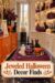 Jeweled Halloween Decor Finds headline below a plum ottoman with ghost and glass pumpkin display