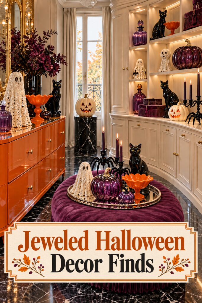Jeweled Halloween Decor Finds headline below a plum ottoman with ghost and glass pumpkin display