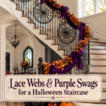 Halloween staircase decorated with lace webs purple swags and pumpkins beneath a headline about the display